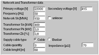 The network and transformer data input is given here. For standard ABB transformers the data is shown automatically.