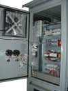 Interior of the above DC drive cabinet. Showing the AC controls and the back of the door.