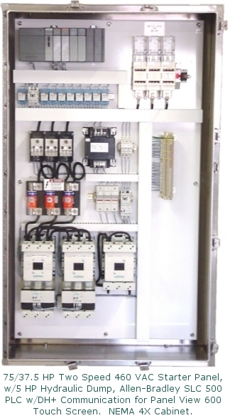75/37.5 HP two Speed 460 VAC Srarter Panel,<br /><br /><br /> w/ 5 HP Hydraulic Dump, AllenBradley SLC 500 PLC, Nema 4X Cabiniet. One of Two AC Control Cabinets.